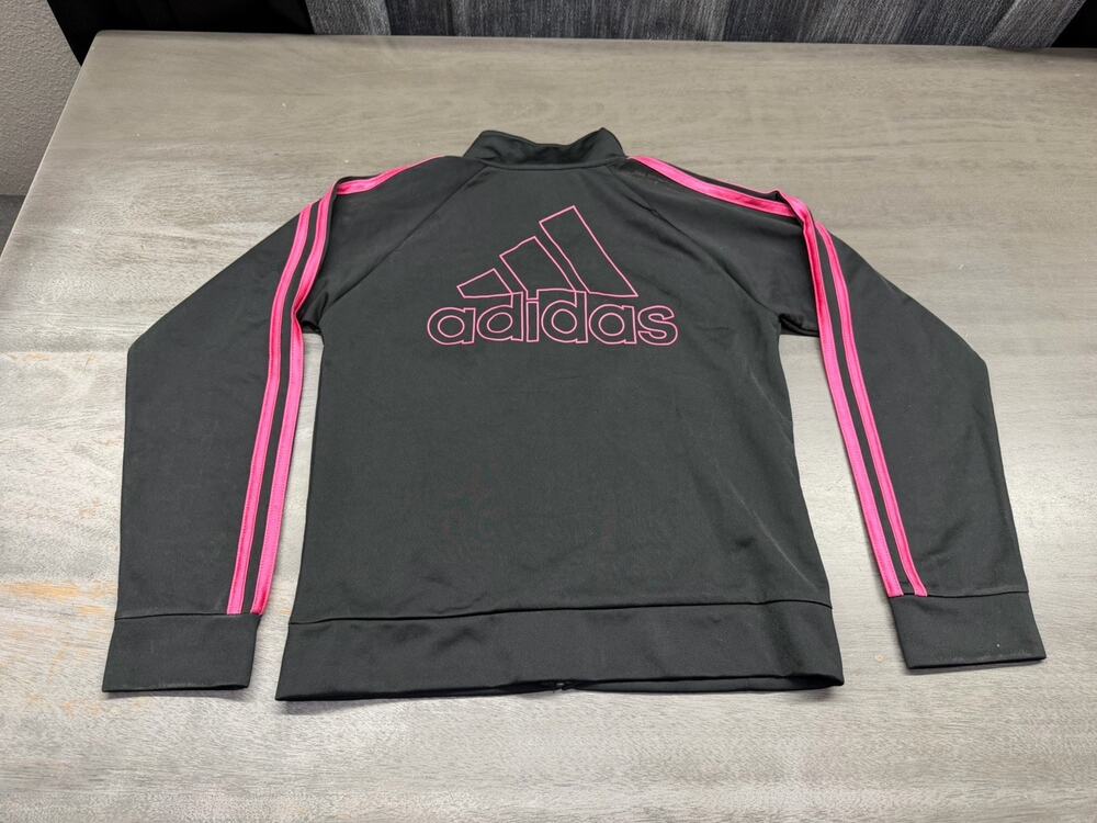 Adidas Full Zip Athletic Jacket Pink 2 Stripes Women’s Sz L Black
